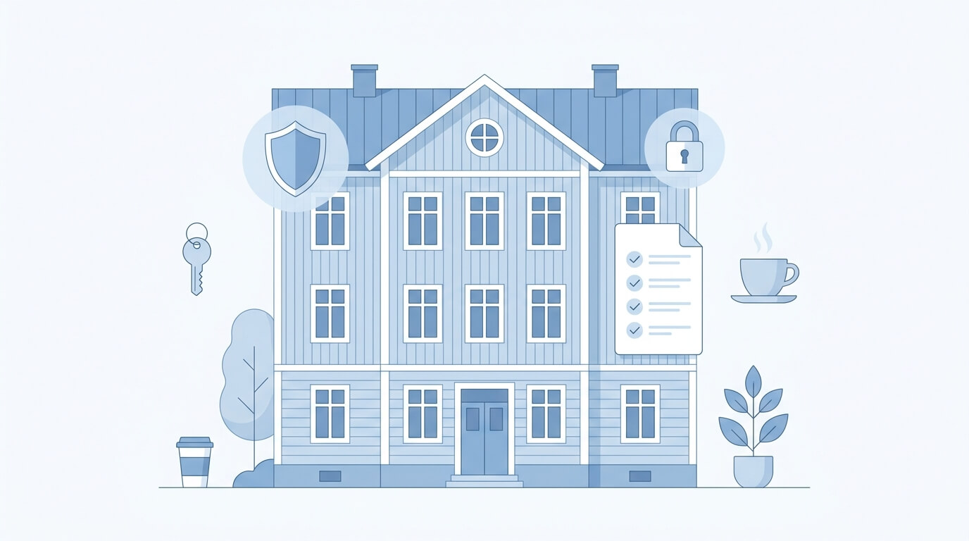 Illustration av ett hus med säkerhetssymboler som en sköld, ett lås, en checklista och en nyckel, samt en kaffekopp, en krukväxt och en takeaway-kaffekopp, som förmedlar en känsla av trygghet och hemtrevnad. Blått och vitt färgschema.