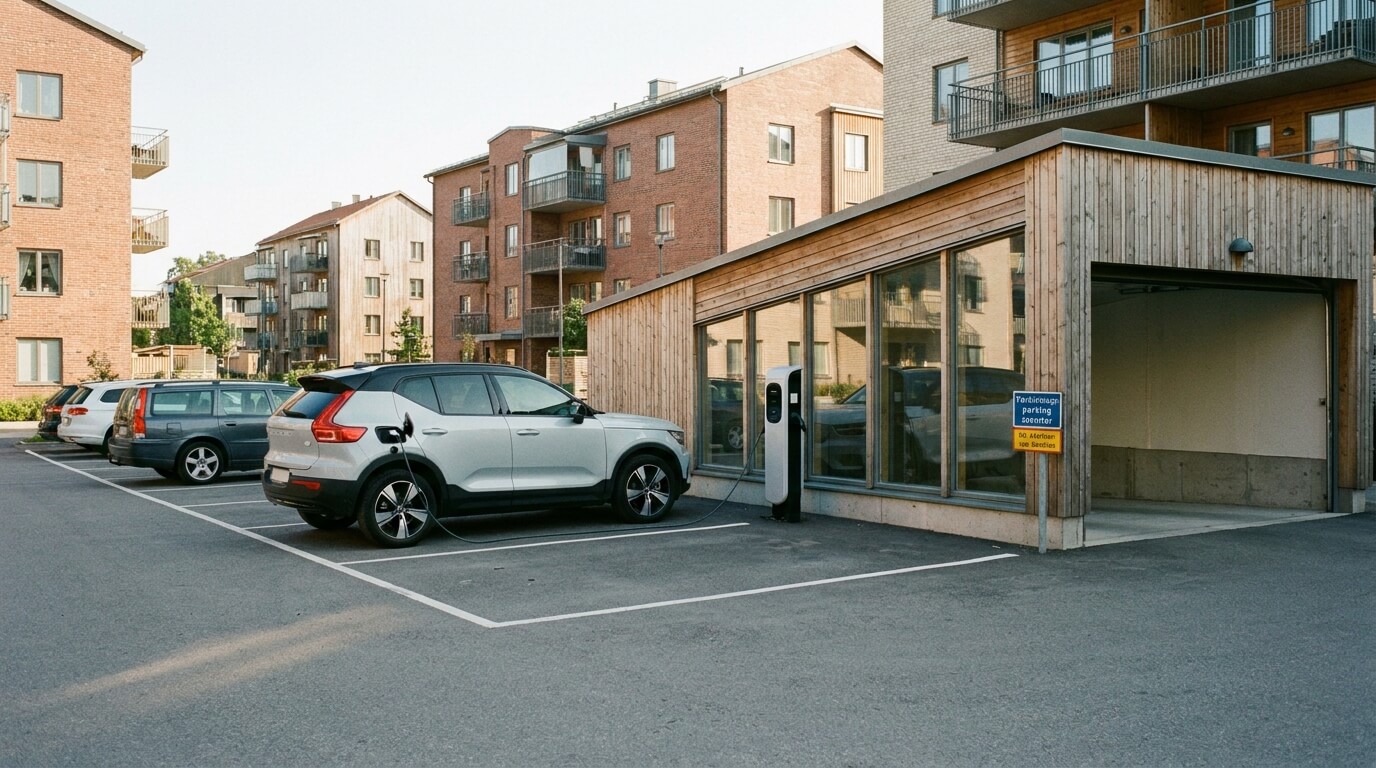 En vit eldriven SUV laddas vid en laddstation på en parkeringsplats nära moderna flerbostadshus. Andra bilar står parkerade i närheten en klar och solig dag.