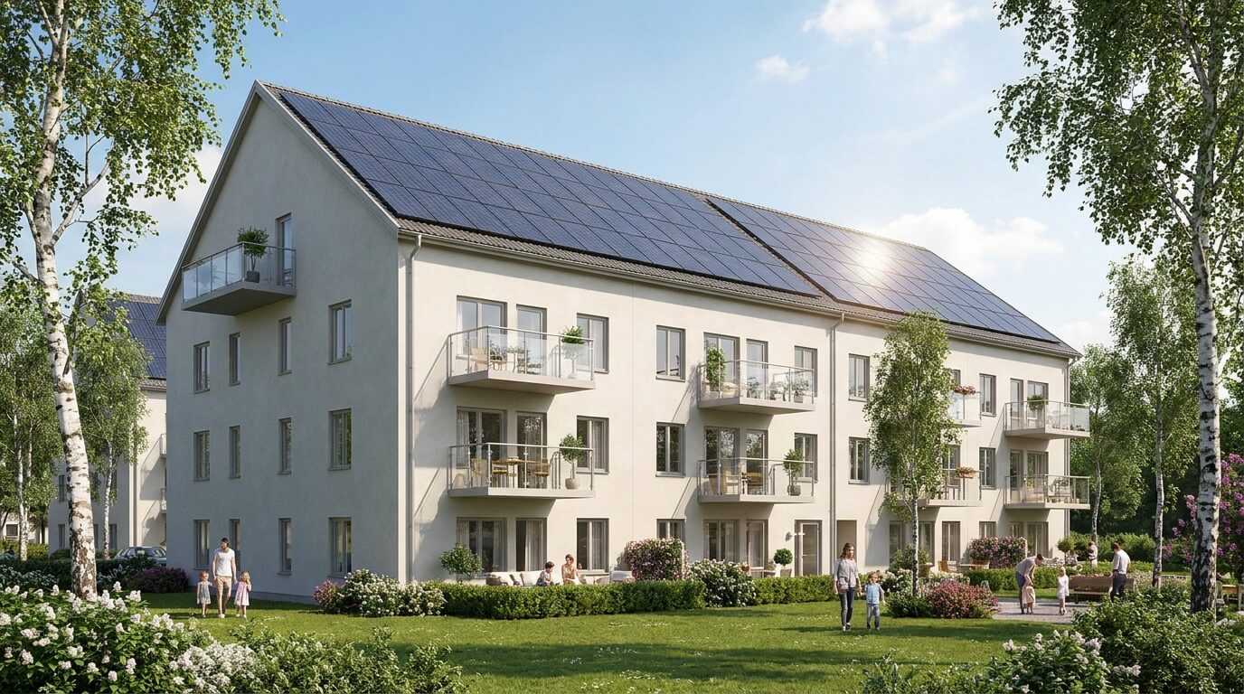 Ett modernt trevåningshus med solpaneler på taket, balkonger och människor som kopplar av i en frodig, grön trädgård en solig dag.