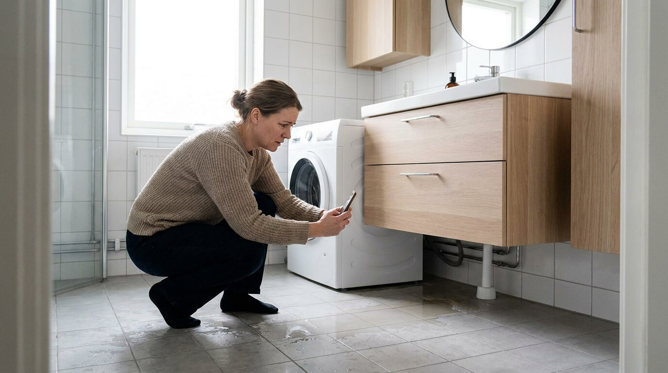 En kvinna sitter på huk på badrumsgolvet och tar en bild med sin mobil på vatten som läcker ut under ett handfatsskåp.